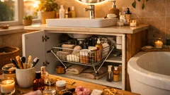 Prosty trik na porządek pod umywalką: koszyk na drążkach rozporowych jak szuflada