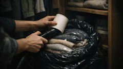 Jak zaoszczędzić miejsce w szafie bez worków próżniowych: trik z workiem na śmieci i kubkiem